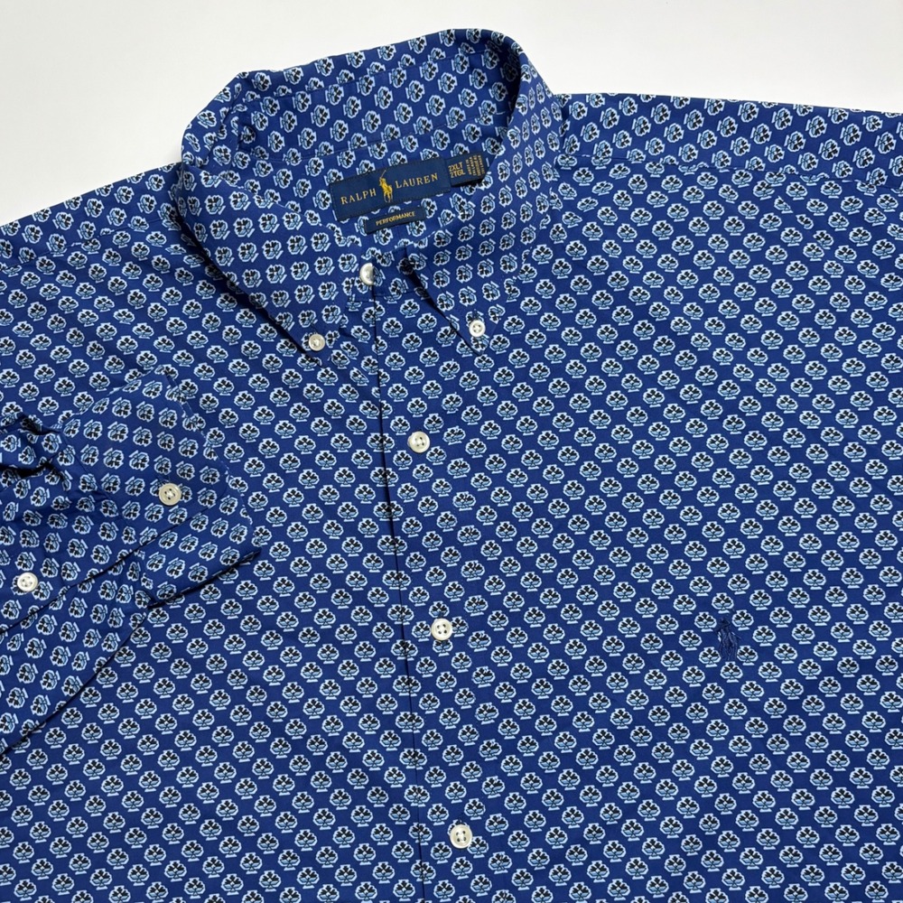 Ralph Lauren Performance Shirt Mens 2XLT Tall Blue Geometric Print Button Down